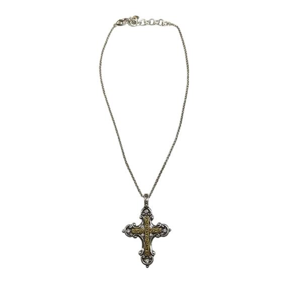 Brighton Cross Pendant Necklace Two Tone Silver Gold with Crystals and Chain 18" - Picture 1 of 9